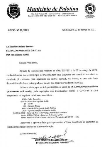 Prefeito Luiz Ernesto destina 1,5 milhão para comprar vacinas para os palotinenses